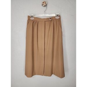 Vtg Wool Blend Tan Midi Skirt 8‎ Tan Button Front Pleated A-Line Career Women